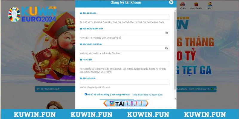 Bạn cần điền đầy đủ dữ liệu vào biểu mẫu đăng ký Kuwin để tạo tài khoản